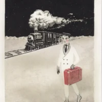 L'uomo con la valigia tavola autografata da Vorticerosa limited edition