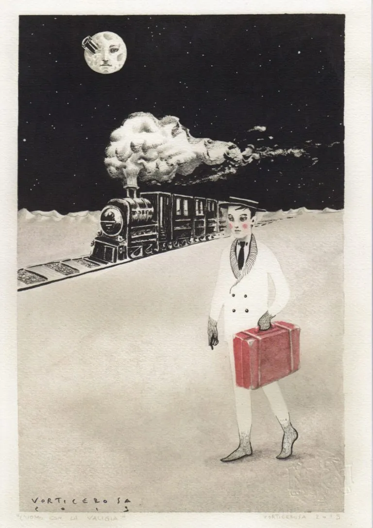 L’uomo con la valigia tavola autografata da Vorticerosa limited edition
