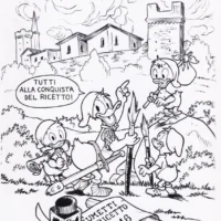 Paperino con Qui Quo Qua di Sergio Cabella tavola 21x29cm