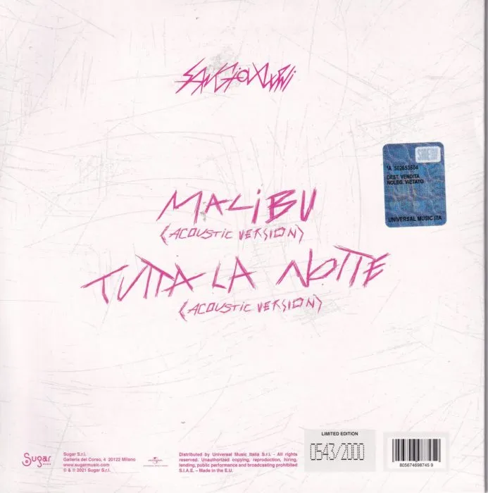 Sangiovanni - Malibu / Tutta la notte (acustic version) Vinile bianco edizione limitata 543/2000