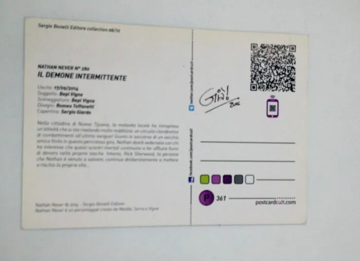 Cartolina Nathan Never "Il demone intermittente" autografata da Sergio Giardo