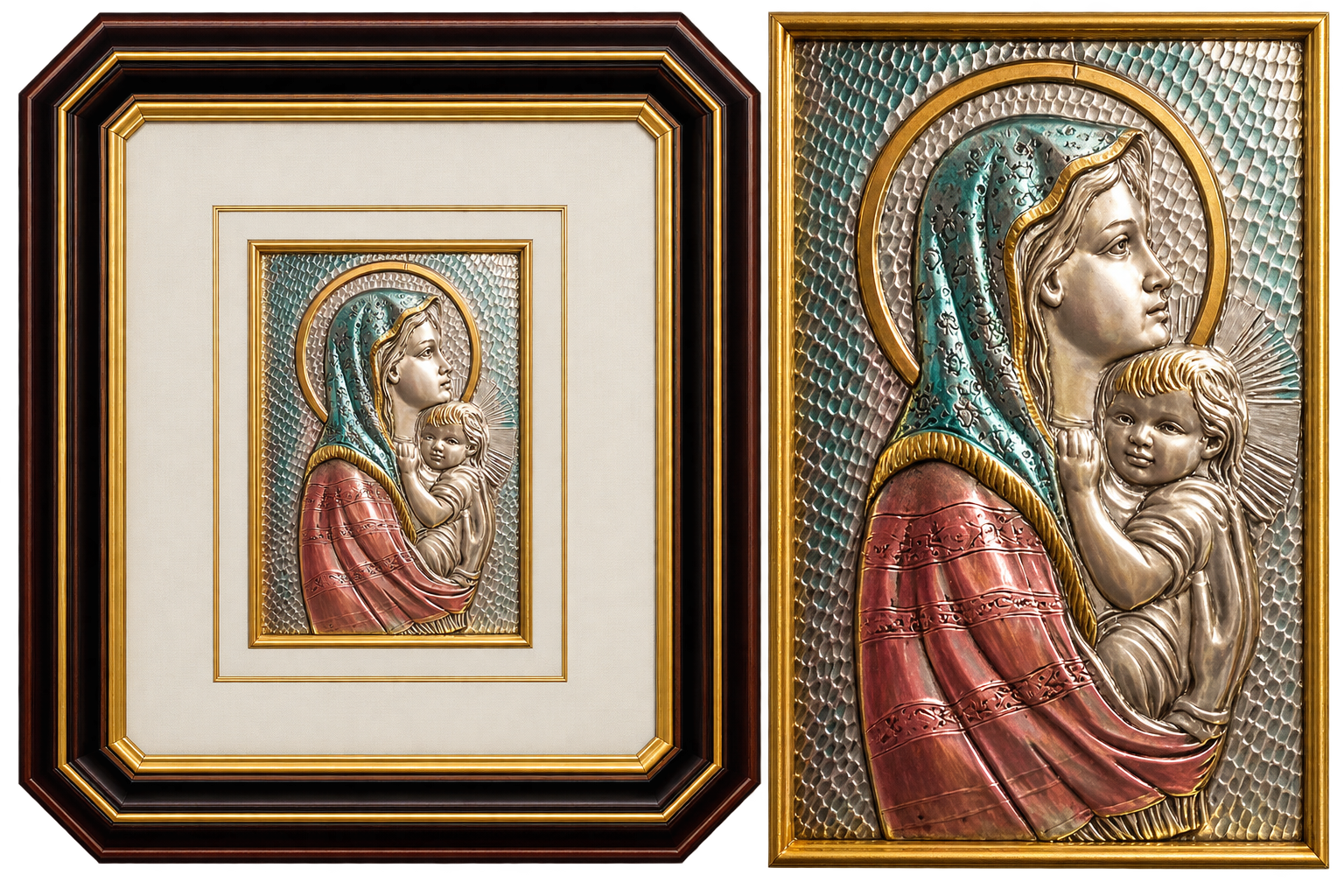 Quadro Madonna con Bambino in Lastra Metallica a Rilievo Policroma