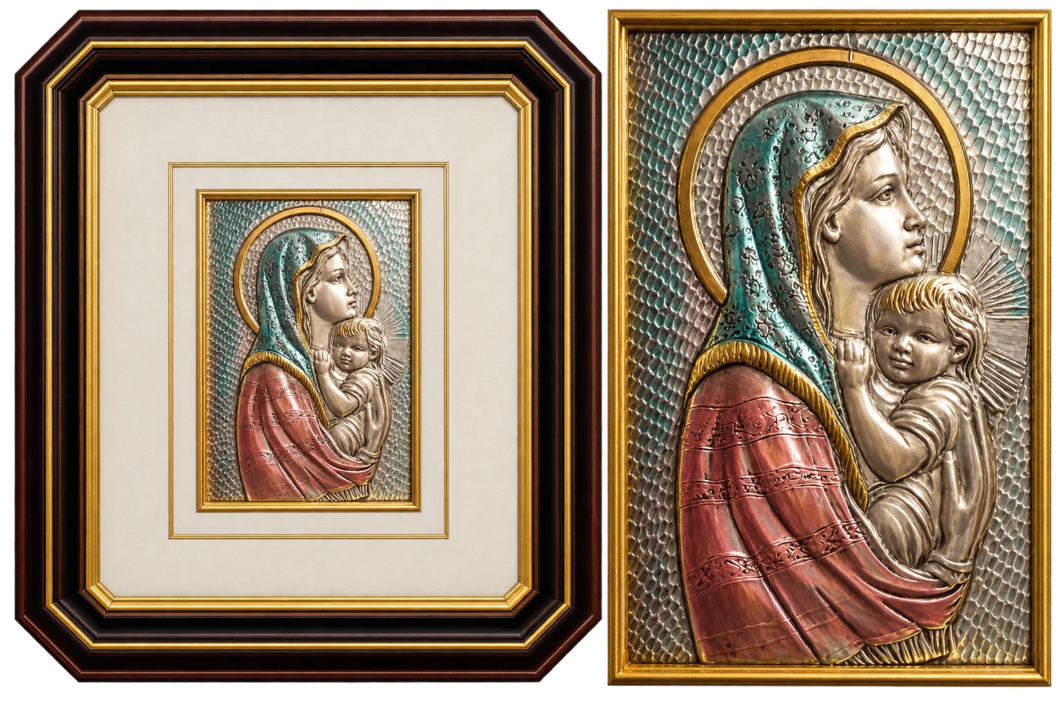 Quadro Madonna con Bambino in Lastra Metallica a Rilievo Policroma
